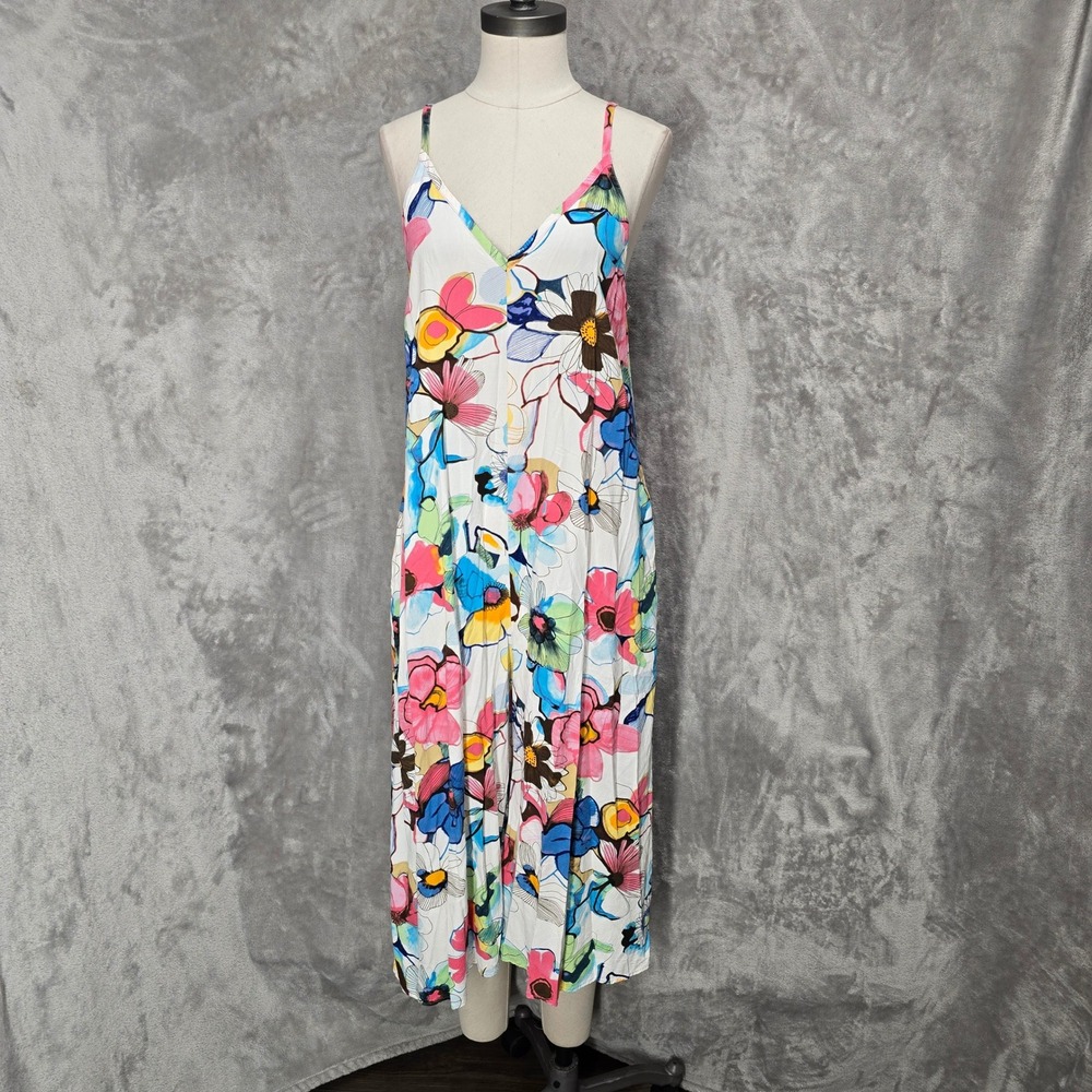 Jams World Jumpsuit Romper Women L Floral Tropical Sleeveless Wide Leg Pockets